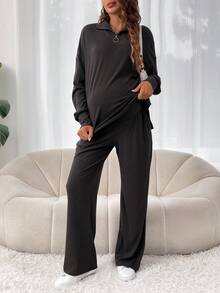 SHEIN Maternity Half Zip Drop Shoulder Sweatshirt & Adjustable Waist Pants - Dark Grey - View 6