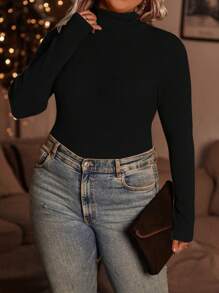 SHEIN LUNE Hơn Áo cao cổ Đồ đan Ribbed Áo len - màu đen - Xem 3