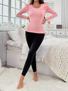 Rhinestone Detail Ruffle Trim Thermal Underwear Tee