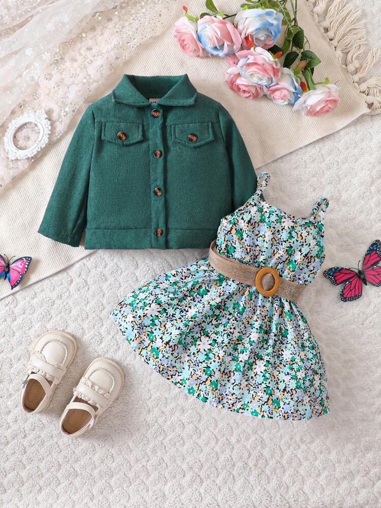 女の子赤ちゃん 花柄プリント ベルト キャミドレス & フラップ詳細 ジャケット