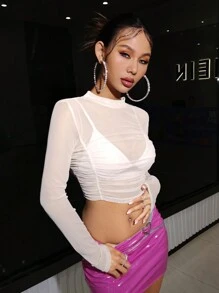SHEIN ICON 性感褶邊 透膚純色女士上衣 - 白色 - 查看 6