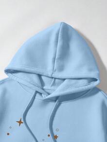 SHEIN EZwear 愛心圖案袋鼠口袋落肩袖抽繩連帽衫 - 淺藍色 - 查看 4