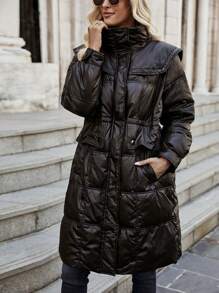 SHEIN LUNE Abrigo con bolsillo oblicuo con capucha - Negro - Ver 4