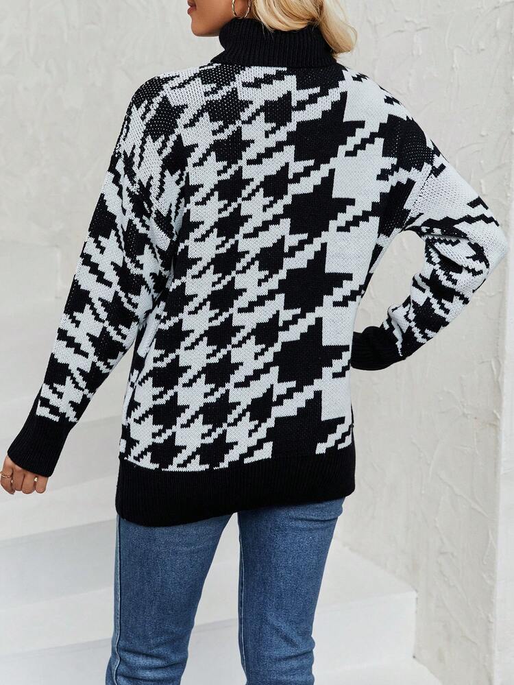 Houndstooth Pattern Turtleneck Drop Shoulder Knit Pullover Fall Winter Sweater