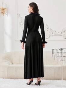 Modelyn Women's Plush Sleeve Cuff Hollow Out Knit Dress Long Evening Dresses