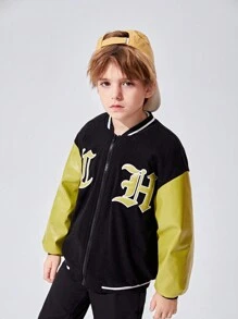 SHEIN Tween Boy Letter Embroidery Drop Shoulder Two Tone Varsity Jacket - Black - View 1