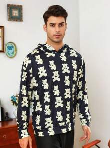 Men Cartoon Graphic Hooded Sleep Top - Black - View 3