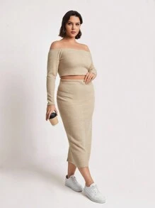SHEIN BASICS Plus Off Shoulder Crop Top & Skirt - Khaki - View 3