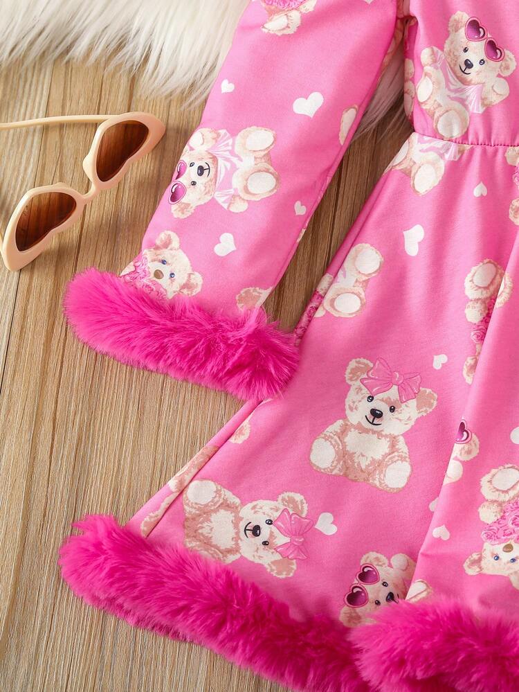 SHEIN 年輕女孩卡通圖形毛絨修邊連衣裙 - 粉色 - 查看 6