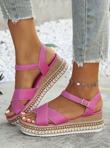 夏季時尚舒適多功能透氣鞋尖增高荧光粉色涼鞋女士楔形跟厚底沙灘鞋 - 玫紅色 - 查看 1