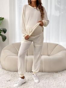 SHEIN Maternity Drop Shoulder Pullover & Adjustable Waist Sweatpants - Beige - View 6