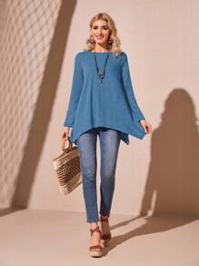 EMERY ROSE 素色不對稱下擺T恤 - 藍色 - 查看 1