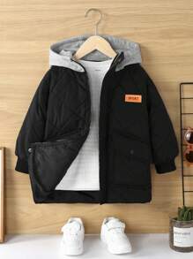 SHEIN Young Boy Letter Patched Detail Hooded Quilted Coat - Black - View 6