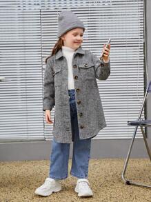 Young Girl Flap Pocket Drop Shoulder Overcoat - Grey - View 4