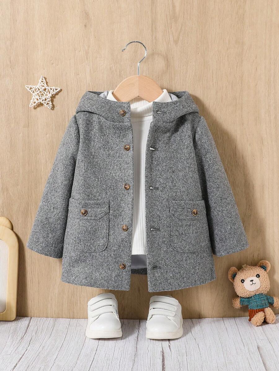 SHEIN Baby Boy 1pc Dual Pocket Button Front Hooded Coat - Grey - View 1