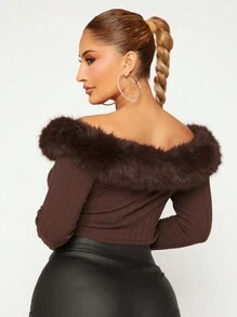 SHEIN SXY 一字肩毛茸邊前抽繩T恤 - 棕色 - 查看 2