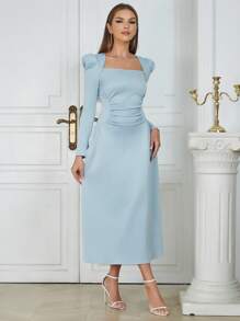 Square Neck Puff Sleeve Ruched Dress - Baby Blue - View 1