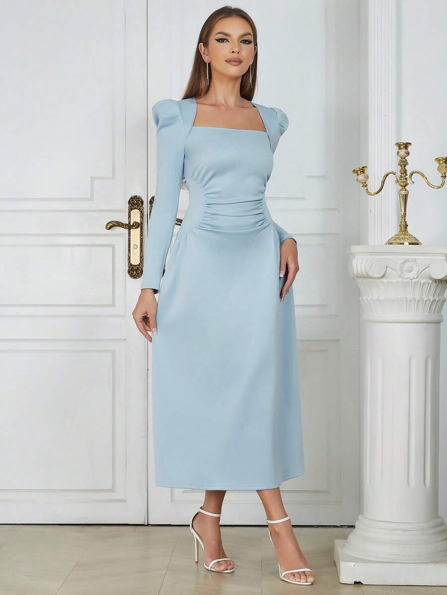 Square Neck Puff Sleeve Ruched Dress - Baby Blue - View 1