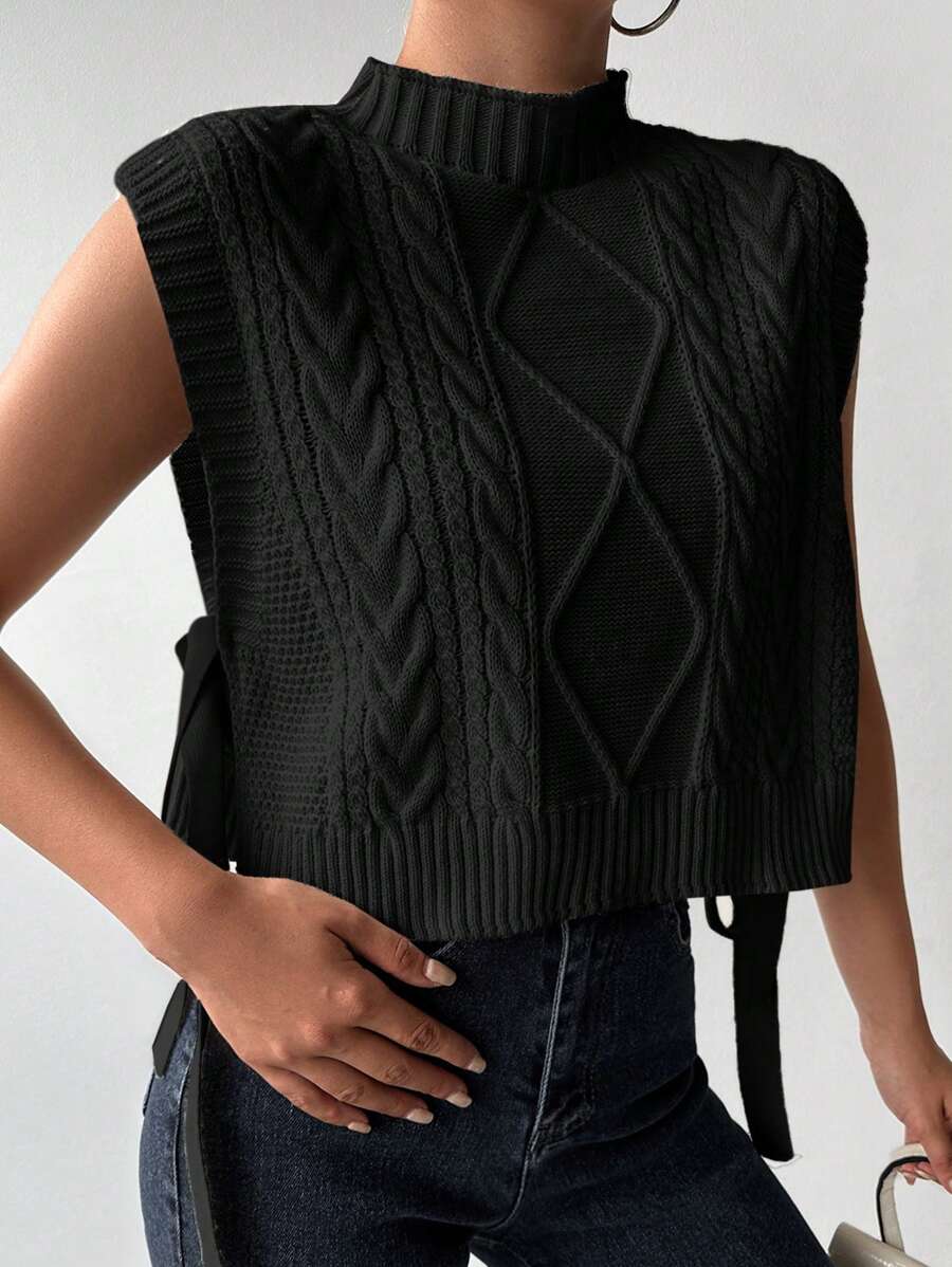 EURMUSE Mock Neck Cable Knit Sweater Vest - Black - View 1