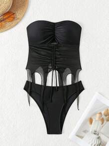 Drawstring Front Bandeau Tankini - Black - View 5