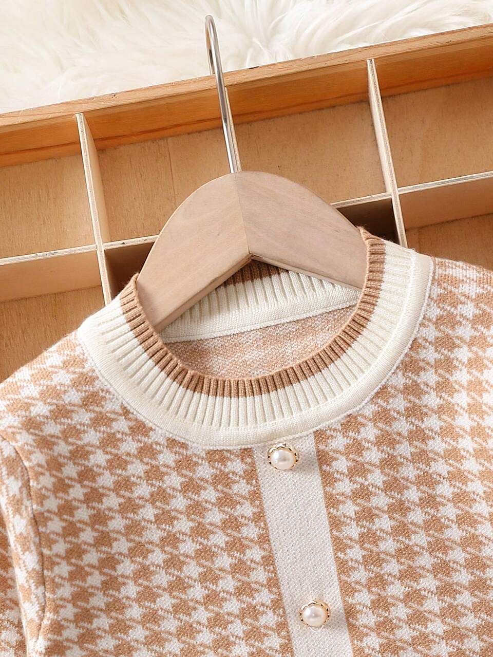 Young Girl Houndstooth Pattern Button Detail Sweater