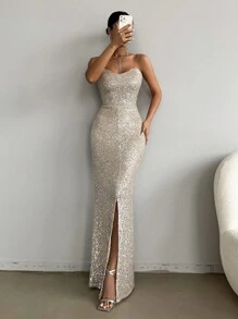 EURMUSE Women's Strapless Sparkly Dress With Front Slit - Champagne - View 1