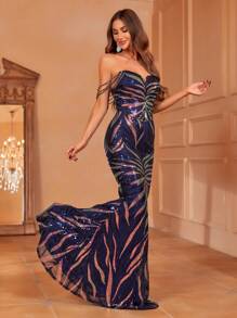 Off Shoulder Ballkleid mit Pailletten im Meerjungfrau Saum - marineblau - Übersicht 3