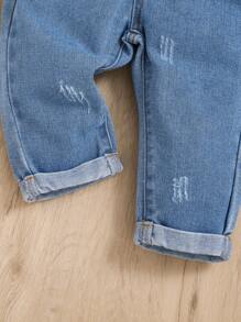 SHEIN 女嬰貓爪補丁牛仔背帶褲(無t恤) - 中等水洗藍 - 查看 4