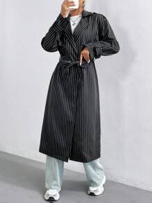 SHEIN Unity Striped Print Belted Trench Coat - Black and White - View 5