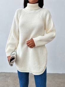EURMUSE Turtleneck Raglan Sleeve Curved Hem Sweater - White - View 3