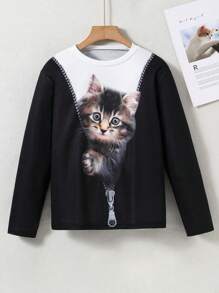 Oversize Mädchen Einfarbig Patchwork Langarm Katzen Muster Einfaches Lässig T-Shirt