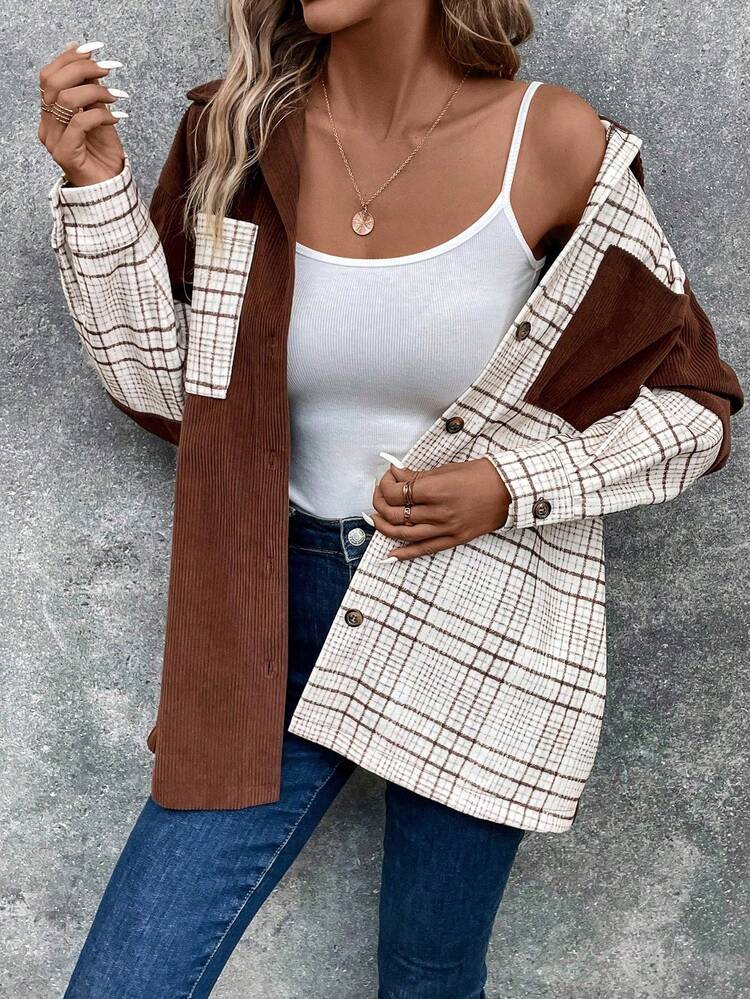 Plaid Print Drop Shoulder Pocket Patched Button Front Coat