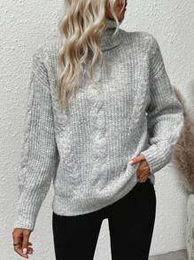 Chiquease Áo len cổ cao dệt kim kiểu vặn thừng, vai rớt, thích hợp cho mùa thu đông. - Xám - Xem 7