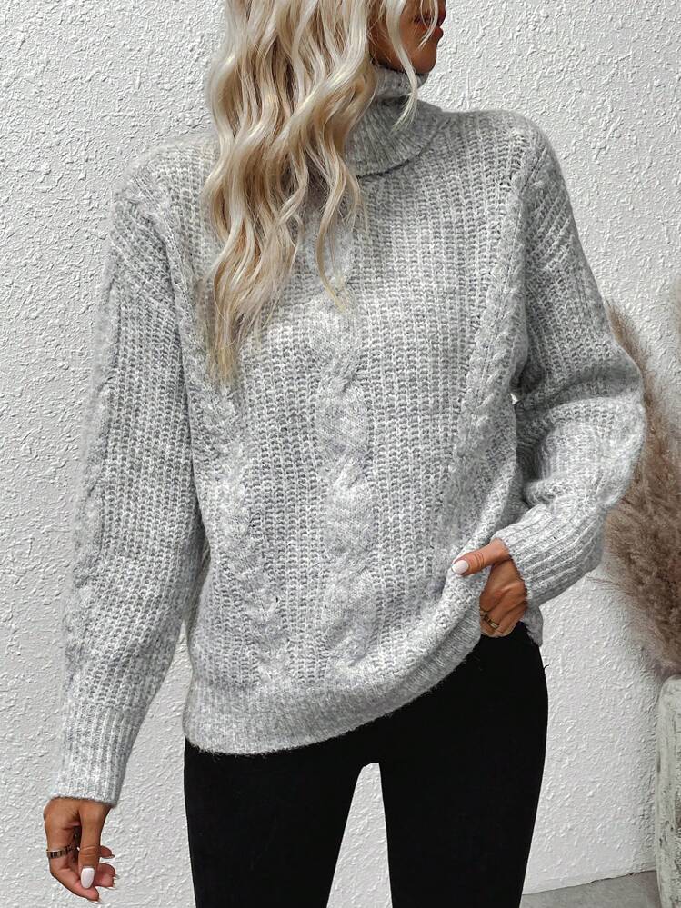Chiquease Turtleneck Cable Knit Drop Shoulder Knit Pullover Fall Winter Sweater - Grey - View 7