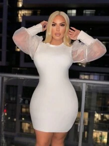 SHEIN SXY Plus Size Sexy Mesh Splice Long Sleeve Bodycon Dress - White - View 3
