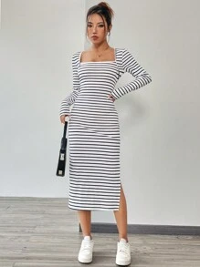 SHEIN Unity 黑白条纹开衩长袖连衣裙 - 黑與白 - 查看 3