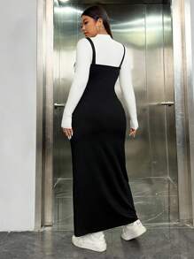 SHEIN EZwear Plus Size Button Detail Suspender Dress Without T-shirt - Black - View 2