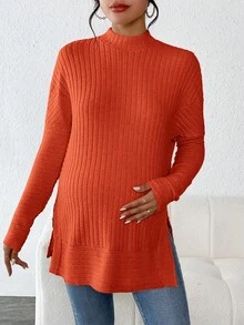 SHEIN Maternity Side Slit Ribbed T-Shirt - Burnt Orange - View 3
