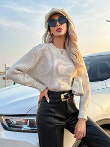 GENKIRA Màu thuần Chi tiết Nút Thả vai Áo len - Xám - Xem 1