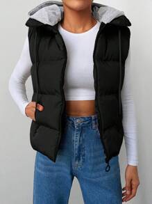 EURMUSE Fashionable Versatile Sleeveless Drawstring Hooded Jacket, Winter - Black - View 1