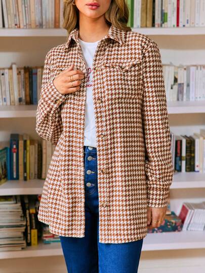 SHEIN Frenchy Abrigo Con Cinturón Y Bolsillo Con Solapa Y Estampado De Pata De Gallo