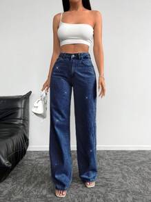 SHEIN Cottnline Women's Wide Leg Jeans With Rhinestone Embellishments - Navy Blue - View 4