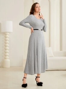 Modelyn Round Neck Ribbed Knit Sweater Dress Without Waist Belt - Grey - View 6