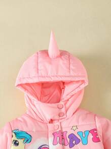 Baby Girl Cartoon Print 3D Design Hooded Padded Coat - Pink - View 4