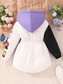 SHEIN Cô Gái Trẻ Đồ họa Chữ cái Khối màu Lót Teddy Áo trùm đầu Không có áo len - Màu tím - Xem 2