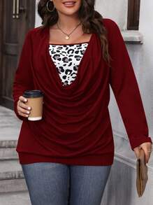 SHEIN LUNE Plus Leopard Print Draped Collar Tee - Burgundy - View 1