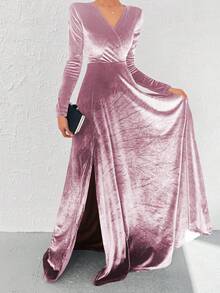 Surplice Neck Split Thigh Velvet Dress - Pink - View 4