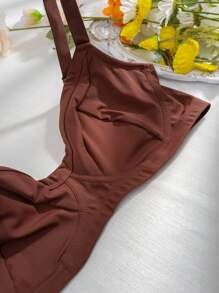 Plus Size Casual Brown Fabric Bra Medium Stretch Comfortable Daily Wear Lingerie Plain Backless Style - Brown - View 3