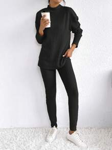 SHEIN Frenchy 小高領落肩T恤&緊身打底褲 - 黑色 - 查看 5