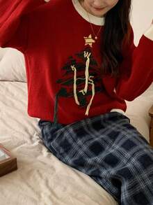 Contrast Trim Cartoon Pattern Drop Shoulder Sweater - Red - View 3